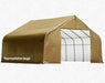 Tan ShelterLogic ShelterCoat Round Garage. This portable garage offers all-weather protection for vehicles, equipment, or other outdoor storage needs. Its peak design provides space and a unique look.