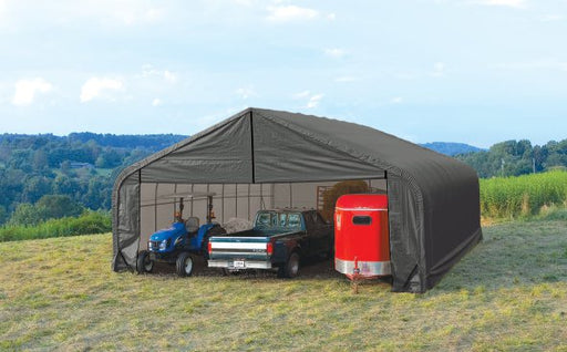 ShelterLogic ShelterCoat Garage: Provides ample covered storage for a tractor, pickup truck, and horse trailer.