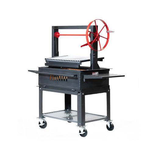 Side angle view of the Sunterra BBQ Grill with Cart, highlighting its wheel-mounted cart and sturdy structure for outdoor use.