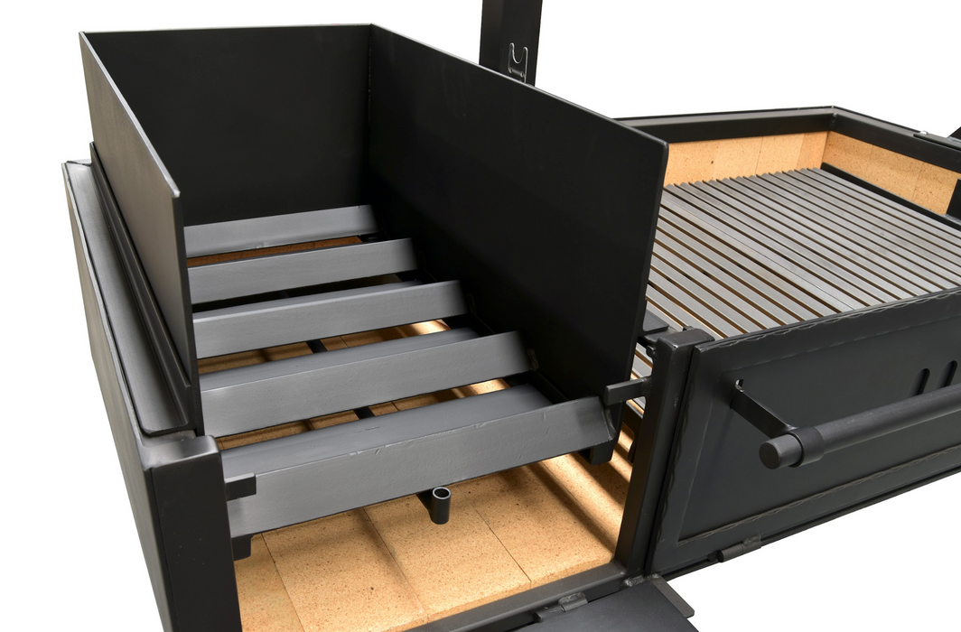 Angle detail of the Sunterra Pro Series side brasero firebox, showing ember control design for adjustable heat.