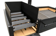 Angle detail of the Sunterra Pro Series side brasero firebox, showing ember control design for adjustable heat.
