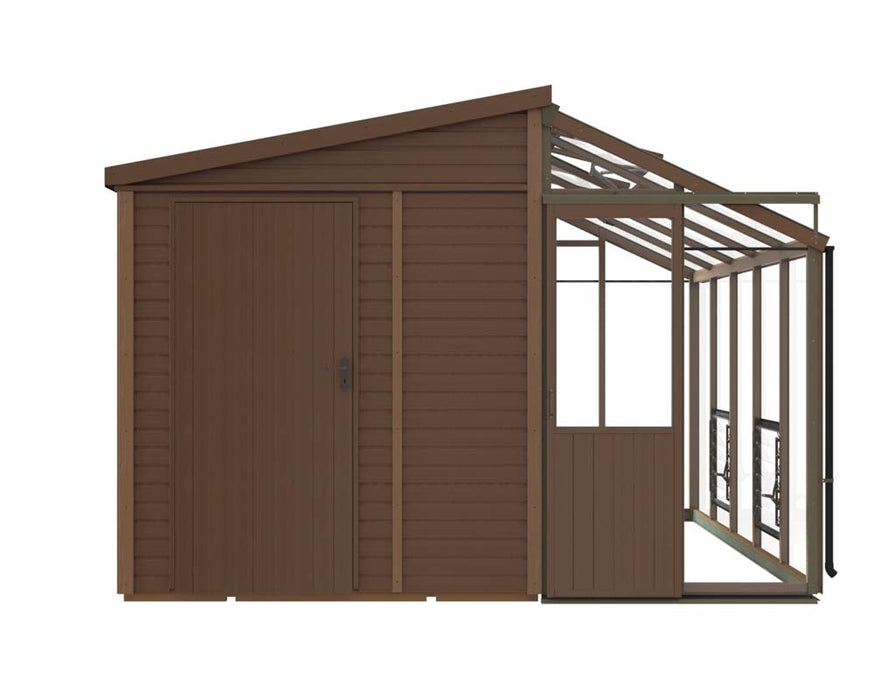 Side elevation render of the Alton Cedar Fusion Greenhouse, showcasing a wooden door and glass structure.