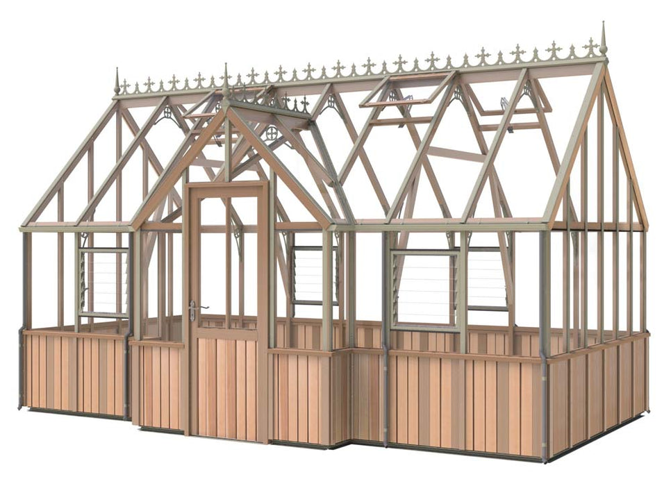 Side profile of the Alton Cambridge 9x16 Greenhouse, highlighting its cedar panelling and metal-framed design.