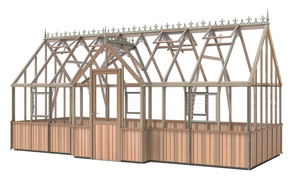 Side profile of the 9x20 Alton Cambridge Greenhouse featuring its spacious design and elegant cedar panelling.