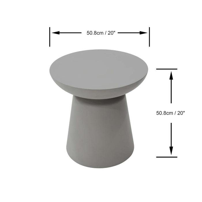 Elementi Kylix Series large side table in space grey with dimensions showing 50.8 cm height and width.