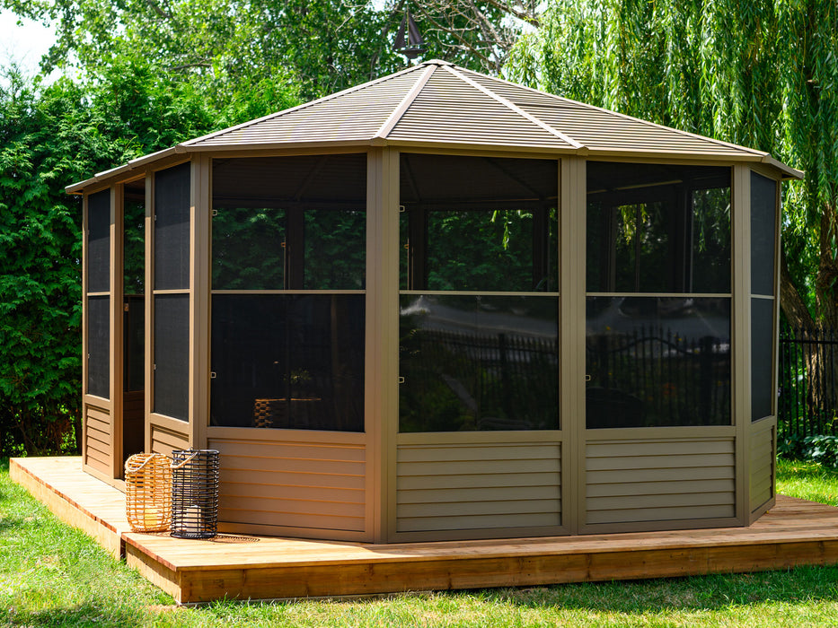 Side view Image of the Florence Freestanding Solarium gazebo with a sand metal roof installed in a backyard setting.