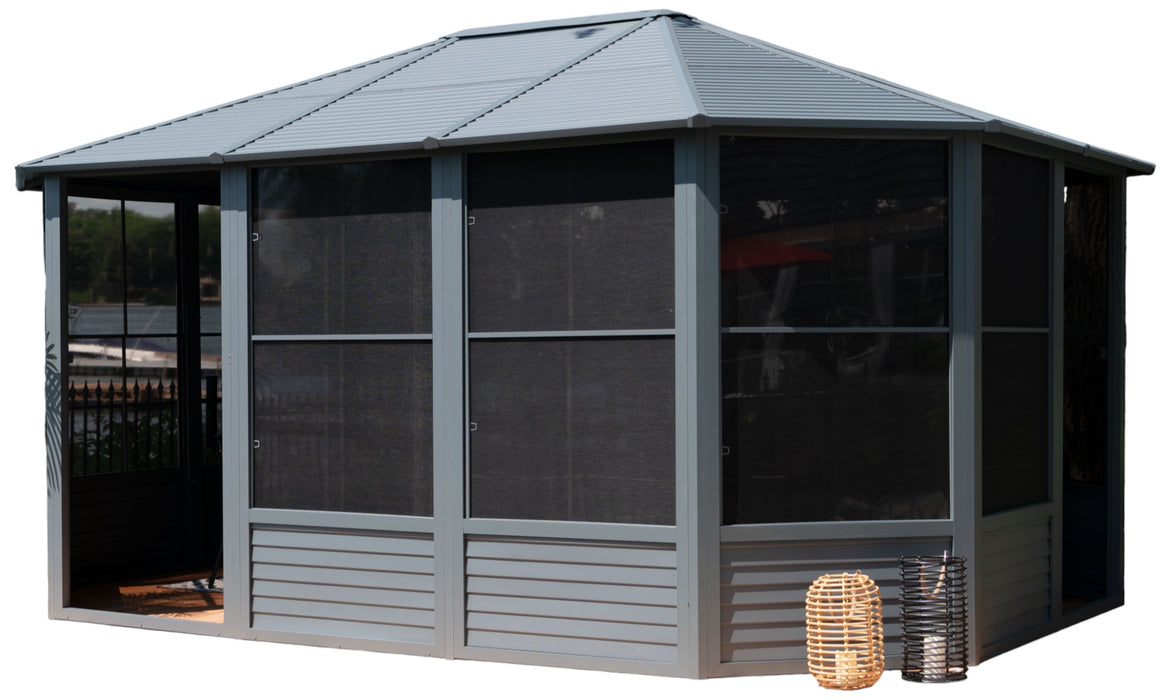 Side view Image of the Florence Freestanding Solarium gazebo with a slate metal roof installed in a backyard setting.