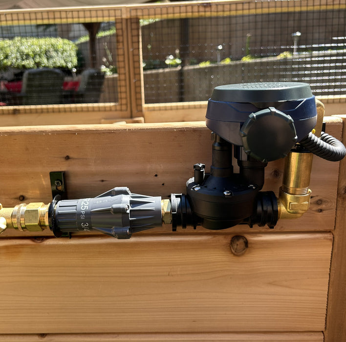 Side view of the fully assembled Outdoor Living Today (OLT) Auto-Watering Kit.