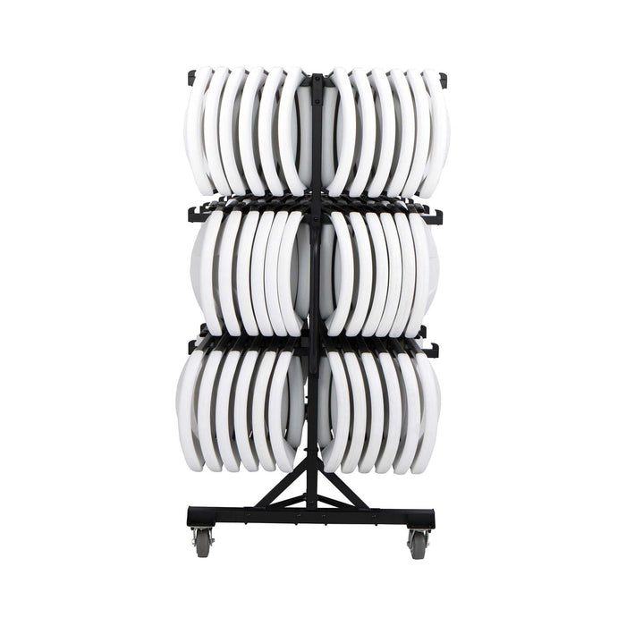 Side view of Lifetime folding chair storage cart showing 72 chair capacity with heavy duty steel frame and smooth rolling wheels
