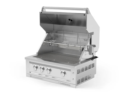 Side angle of the NewAge Outdoor Kitchen Stainless Steel Platinum Grill 33-inch, open lid showing rotisserie setup, warming rack, and durable grates.