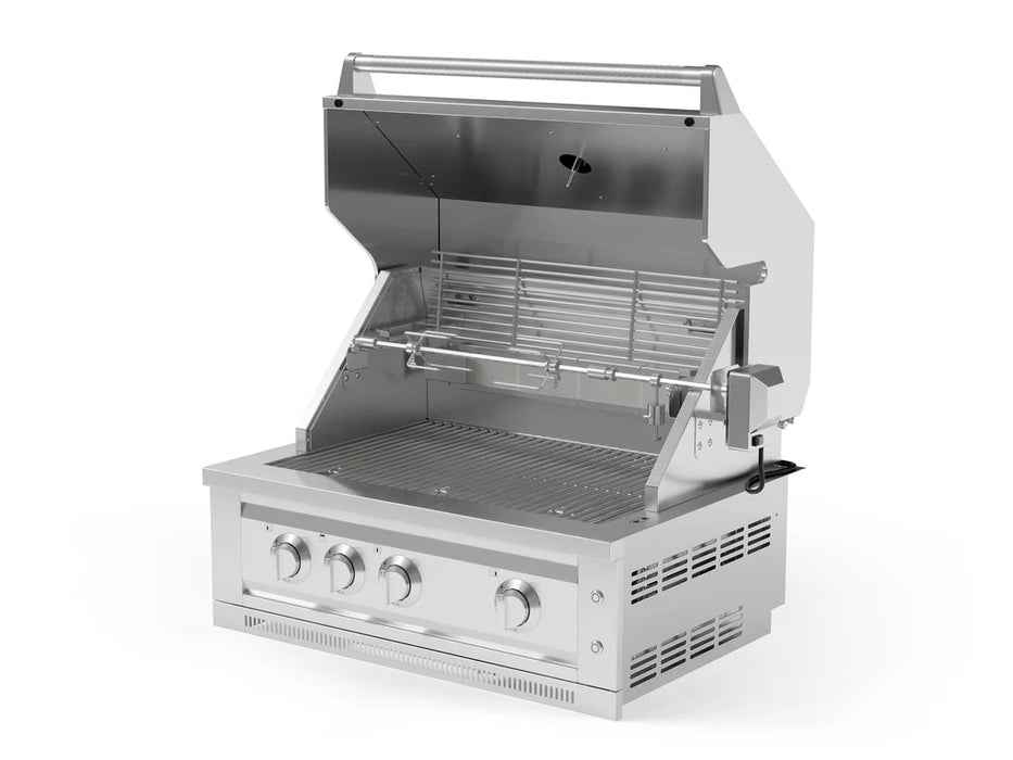 Side angle of the NewAge Outdoor Kitchen Stainless Steel Platinum Grill 33-inch, open lid showing rotisserie setup, warming rack, and durable grates.
