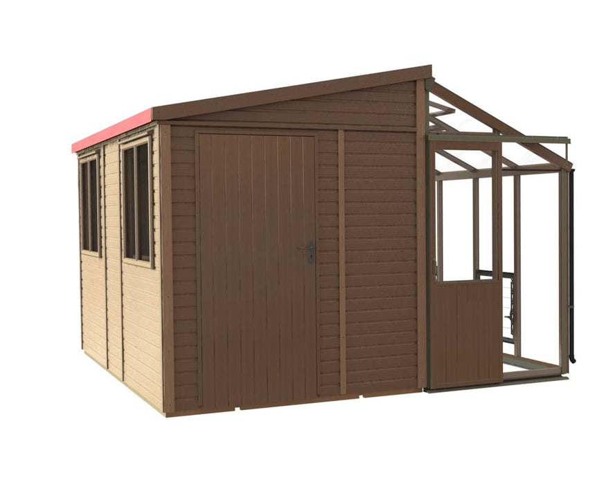 Side view render of the Alton Cedar Fusion Greenhouse with a red roof and multiple wooden windows. 