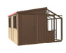 Side view render of the Alton Cedar Fusion Greenhouse with a red roof and multiple wooden windows. 