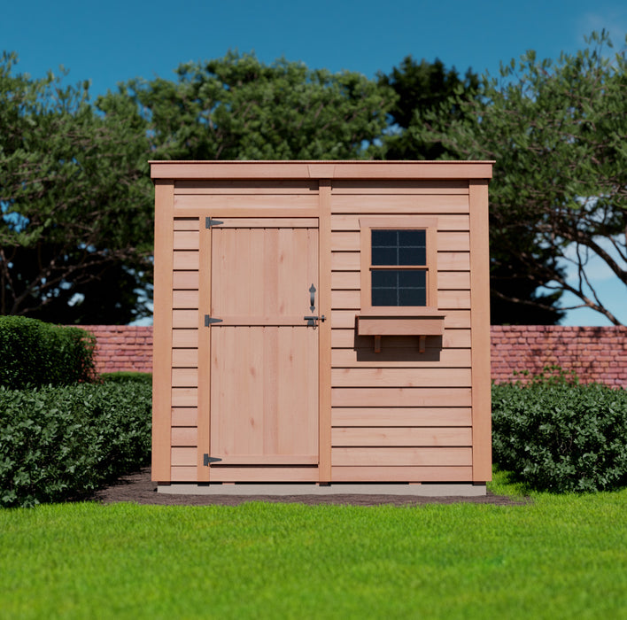 Efficient space-saving 8x4 foot wooden garden shed with a single door, top view, in a beautiful backyard setting.