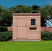 Efficient space-saving 8x4 foot wooden garden shed with a single door, top view, in a beautiful backyard setting.