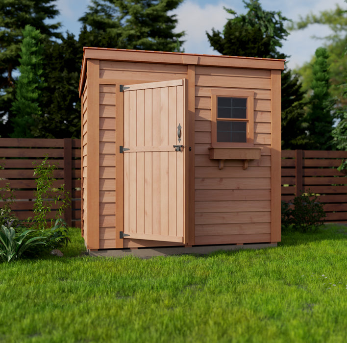 Backyard wooden storage shed with a single door, 8x4 feet, showcasing a sturdy design and natural wood finish.