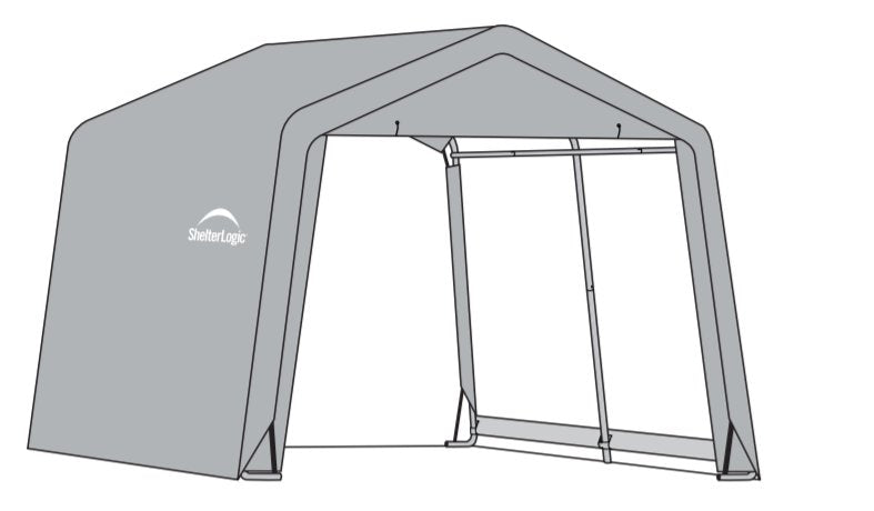 Drawing of a ShelterLogic peak style shed with a white background