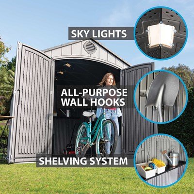 Lifetime storage shed feature callouts: skylights, wall hooks, shelving system, with bike being stored inside.