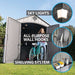 Lifetime storage shed feature callouts: skylights, wall hooks, shelving system, with bike being stored inside.