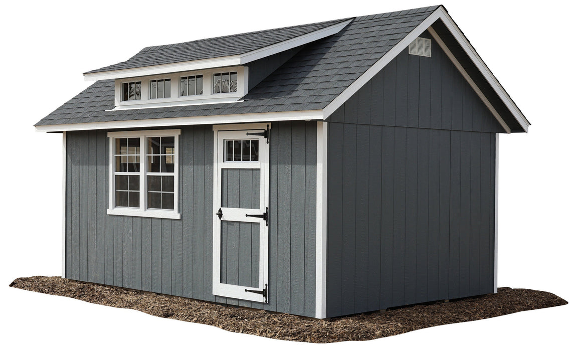 Gray Ez-Fit Kits Skyview Shed Kit angled view showing single door, double-hung windows, shed dormer with transom row, and gable vent
