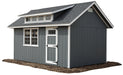 Gray Ez-Fit Kits Skyview Shed Kit angled view showing single door, double-hung windows, shed dormer with transom row, and gable vent