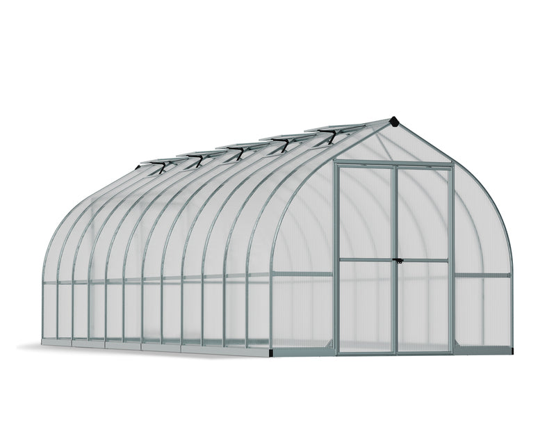 Sleek silver frame of the Canopia Bella 8' x 24' Greenhouse in a cutout view