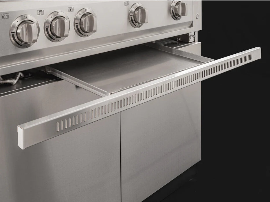 Slide-out drip tray feature of the NewAge Outdoor Kitchen Platinum Grill, shown extended for easy cleaning and maintenance.