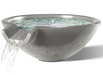 A Camber Water Bowl fountain with a gray concrete finish. Water flows from a rectangular spout and spills into the bowl-shaped basin.