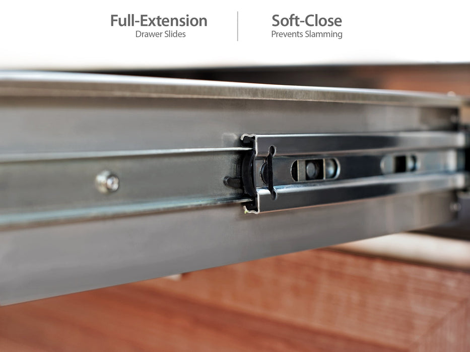 Close-up of the full-extension, soft-close drawer slide mechanism on the NewAge Classic 3-Drawer Cabinet.