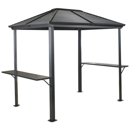 Sojag BBQ Ventura Grill Gazebo, 5 ft. x 8 ft., black metal frame, double hardtop roof, grill shelter, outdoor kitchen space with shelves