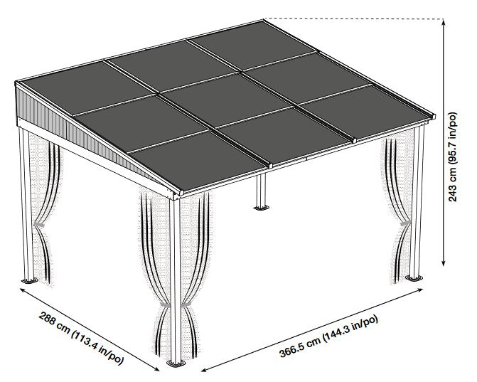 Technical drawing of Sojag Budapest Wall-Mounted Gazebo 10 x 12 ft with dimensions: L 288 cm, W 366.5 cm, H 243 cm