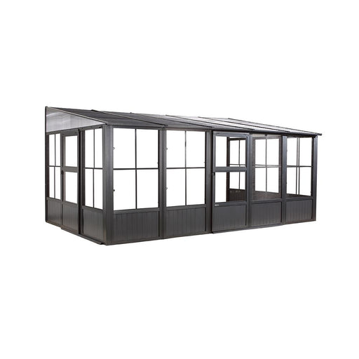 Sojag Charleston Wall Mounted Solarium on a white background. This spacious solarium features a variety of windows and doors, allowing for plenty of natural light and ventilation