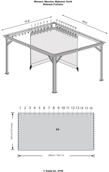 Detailed drawing of Sojag curtains mesh for Monaco, Messina, or Mykonos Gazebos. This shows the space between the holes in the fabric, allowing for ventilation while offering privacy.