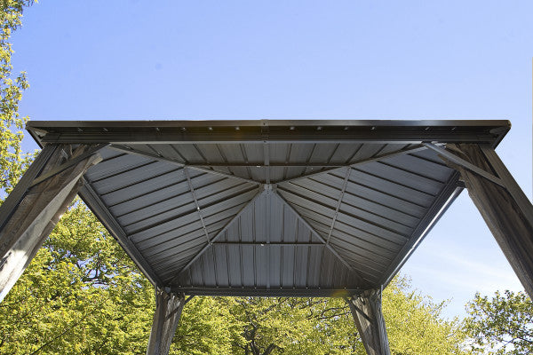 Sojag Dakota Gazebo 10 x 10 ft, Underside of Roof. This image shows the underside of the Sojag Dakota Gazebo roof, featuring a dark brown galvanized steel construction.
