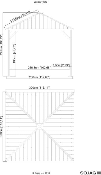 Sojag Dakota Gazebo Roof Dimensions. This technical drawing showcases the roof dimensions of the Sojag Dakota Gazebo, highlighting key measurements for reference