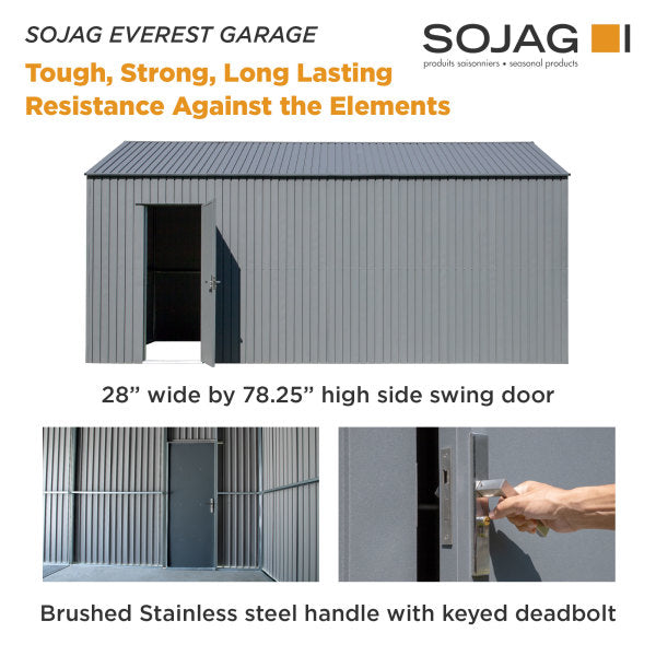 Sojag Everest Garage Metal Building with Steel Door and Brushed Stainless Steel Handle with Keyed Deadbolt