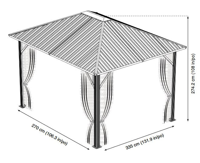 Dimensions drawing of a 10 x 12 ft. Sojag Genova Gazebo with curtains