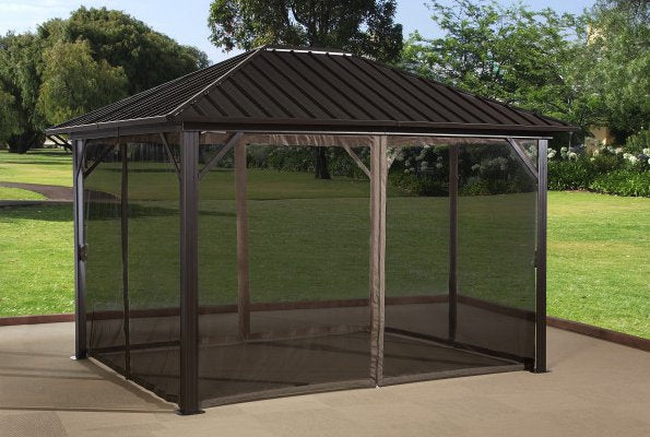 Outdoor furniture set under Sojag Genova Gazebo 10 x 12 ft. with mosquito netting.