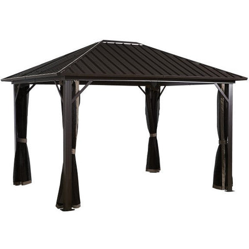 A 10x12 ft. Sojag Genova Gazebo with black curtains and mosquito netting, providing a stylish and functional outdoor shelter.