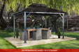 Sojag Genova II Double Roof Gazebo 12 x 12 ft with without mosquito netting and outdoor furniture in a backyard setting