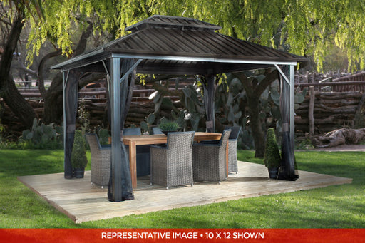 Sojag Genova II Double Roof Gazebo 12 x 16 ft Dark Brown with mosquito netting and an outdoor dining set in a backyard setting