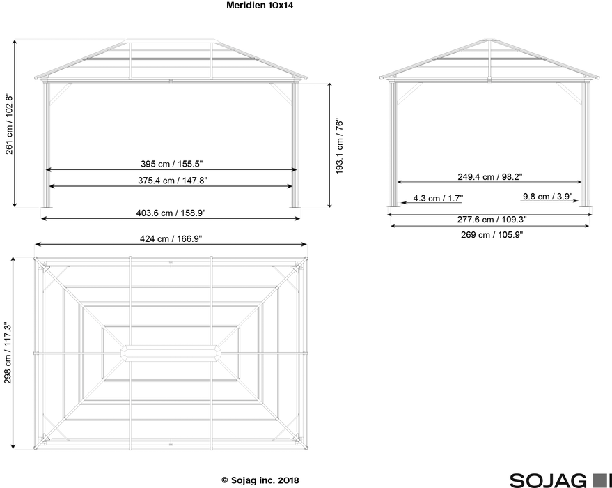 Dimensions of Sojag Meridien Gazebo 10x14 ft. illustrated in a technical drawing.