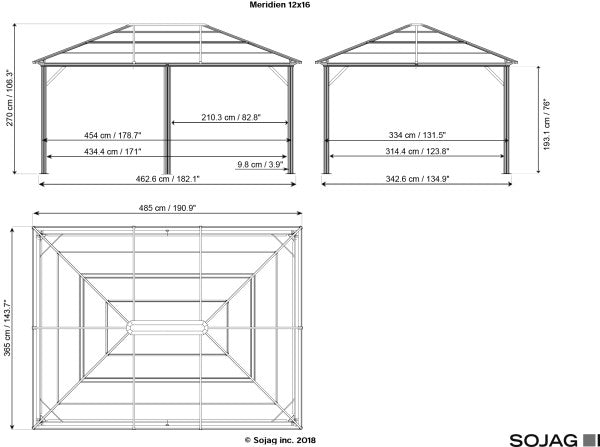 Sojag Meridien Hardtop Gazebo 12 x 16 ft Dark Gray drawing with roof and height dimensions