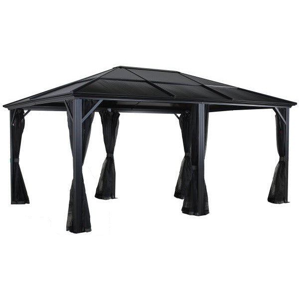 Sojag Meridien Gazebo 12 x 16 ft Dark Gray with mosquito netting on a white background