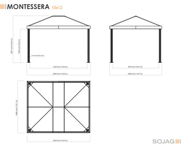 Sojag Monteserra Gazebo 10x12 ft. roof and gazebo height dimensions drawing