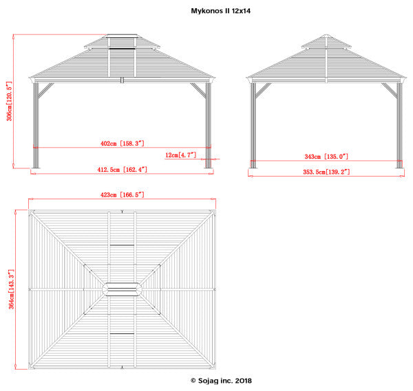 Sojag Mykonos 12 ft. x 14 ft. Dark Gray Double Roof Gazebo Technical Drawing with Dimensions