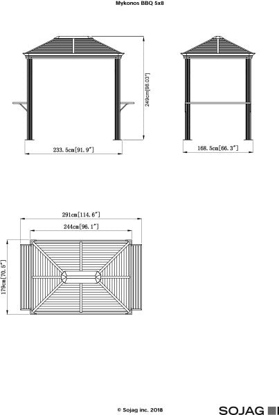Sojag Mykonos 5 ft. x 8 ft. Light Gray Grill Gazebo Roof Dimension & Height Technical Drawing