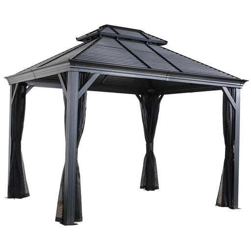 Sojag Mykonos II Double Roof Aluminum Gazebo in Dark Gray. This 10x12 ft. gazebo provides shade and protection from the elements for your outdoor space.