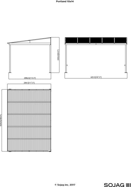 Line art drawing of the Sojag Portland Wall-Mounted Gazebo 10 x 14 ft., with dimensions for roof and overall structure.
