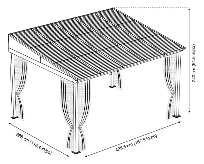 Technical drawing of the Sojag Portland Wall-Mounted Gazebo 10 x 14 ft., showing dimensions.